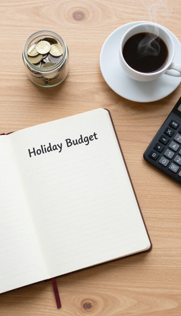Flat lay of a notebook with a holiday budget plan, calculator, coffee, and coins on a wooden desk.