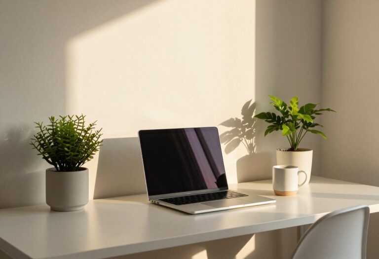 Home office with laptop and coffee mug