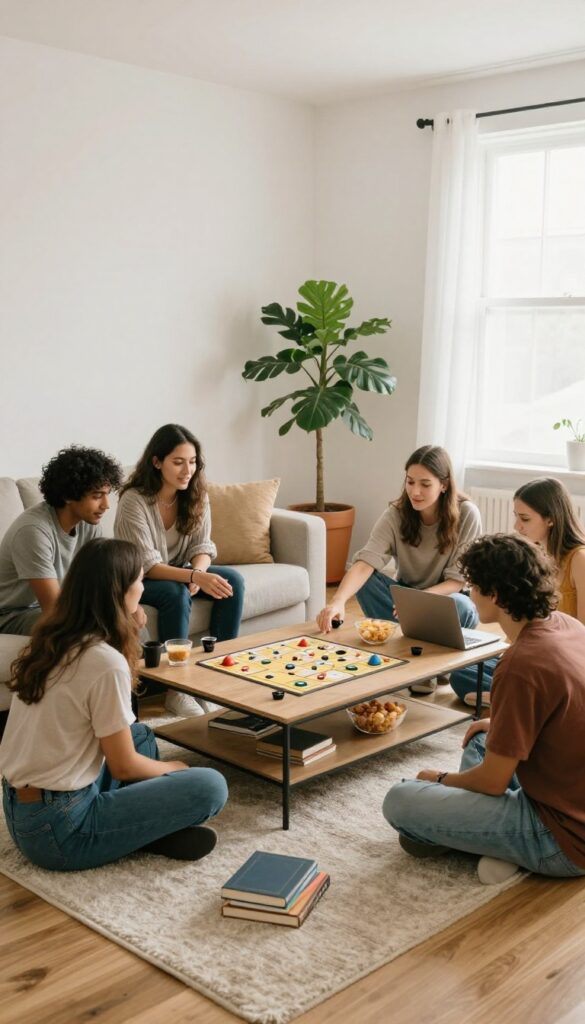 Friends playing board game in cozy apartment living room