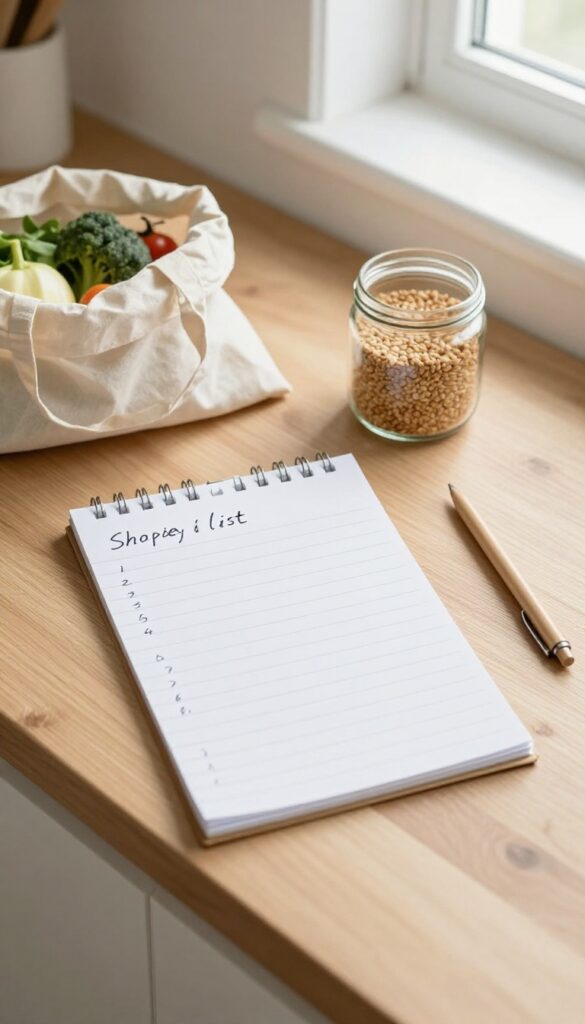 Shopping list on a notepad with reusable bag and fresh groceries on a kitchen counter