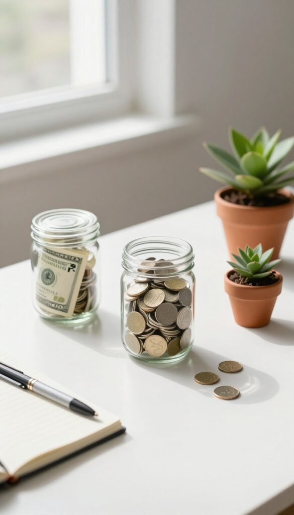 Minimalist desk flat lay with a jar of cash, notebook, and plant in natural light
