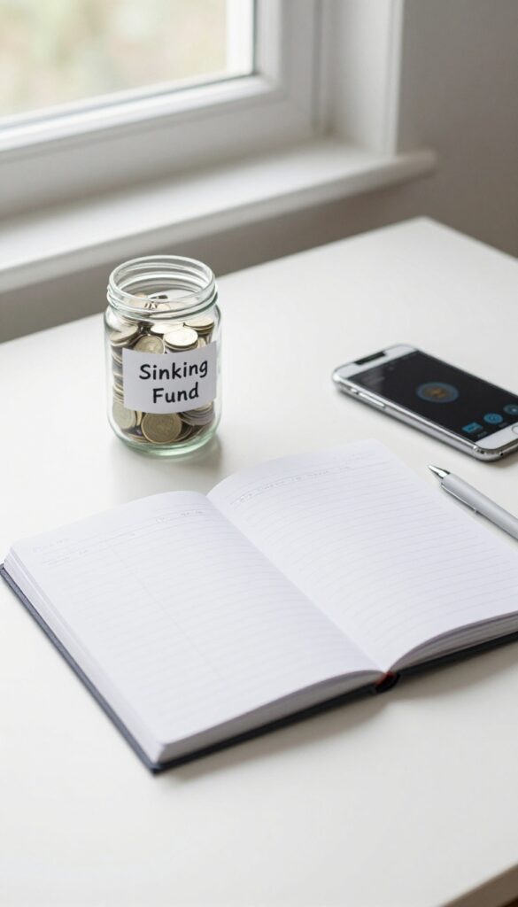 Flat lay of a sinking fund jar with coins and cash, notebook, pen, and smartphone on a clean desk.