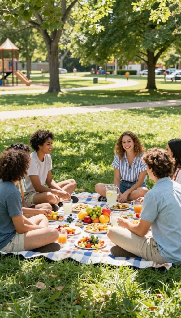 Friends enjoying a potluck picnic on a blanket in a sunny park with homemade food and lemonade.
