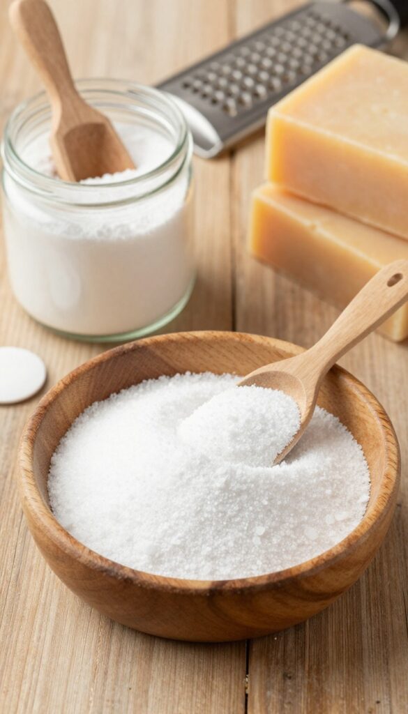 Ingredients for homemade laundry detergent: grated soap, washing soda, and borax in a bowl, with finished detergent in a jar.