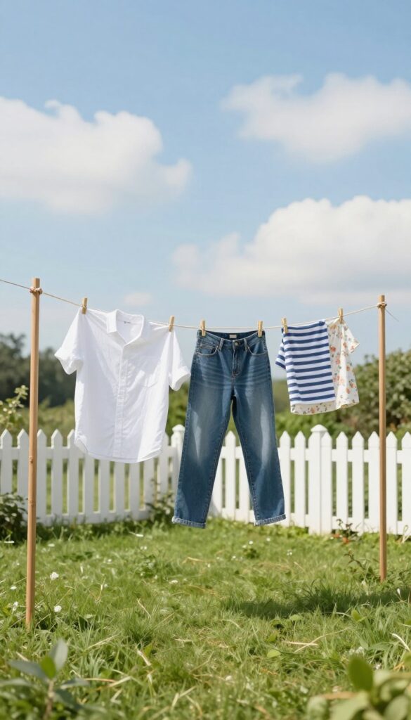 A sunny backyard with a wooden clothesline holding freshly air-dried laundry, including a white shirt, blue jeans, striped towel, and floral dress, with a green lawn and white picket fence in the background.