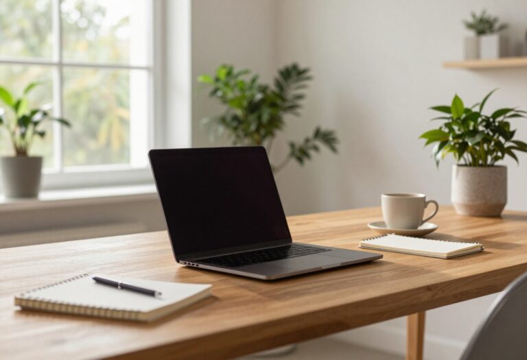 Home office setup with laptop and notebook on a wooden desk