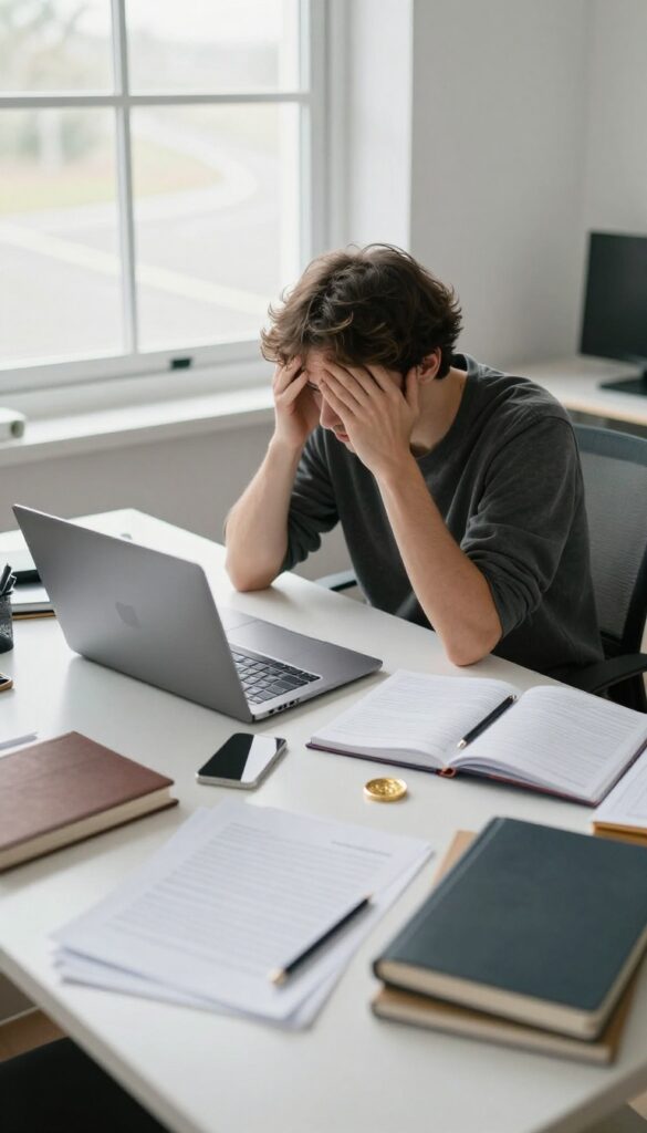 A person overwhelmed by multiple shiny objects and gadgets on a cluttered desk, with a clear path visible outside the window.