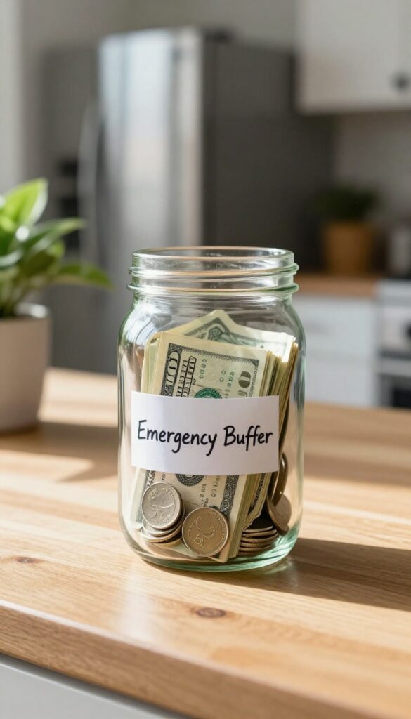 A glass jar filled with cash and coins on a kitchen counter, representing an emergency fund buffer for unexpected expenses.