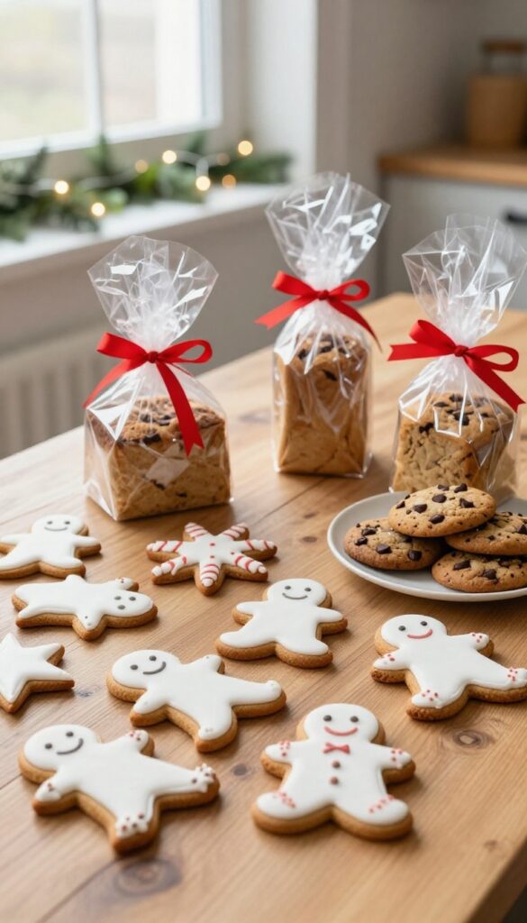 Overhead view of holiday baked goods including decorated gingerbread cookies, peppermint bark, and gift-wrapped mini loaves on a rustic table with natural light.