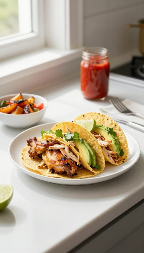 Leftover roast chicken tacos with avocado and cilantro on a bright kitchen counter