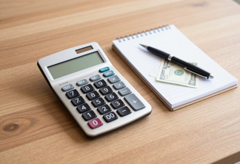 Budgeting tools including calculator, notebook, pen, and cash on a wooden table