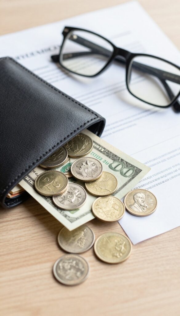 Open wallet with cash and insurance document on a desk