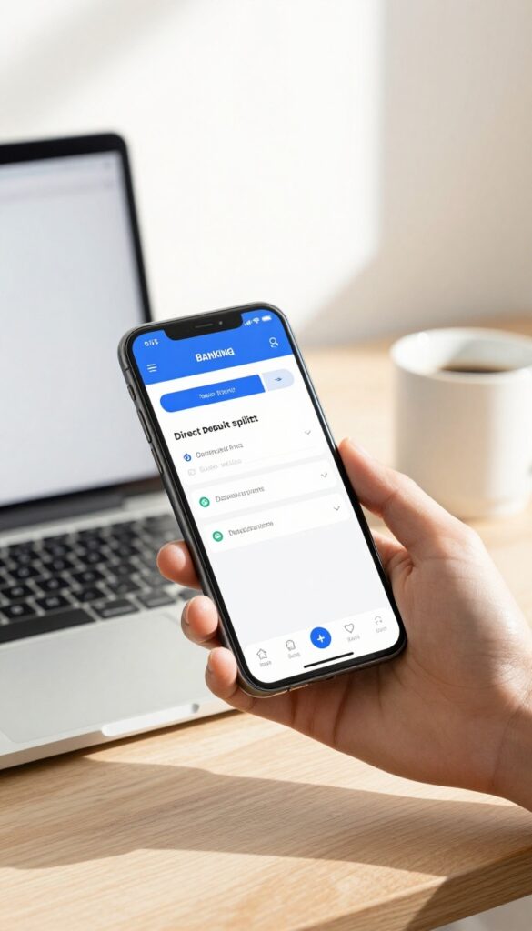 Person setting up direct deposit split on smartphone with laptop and coffee on desk