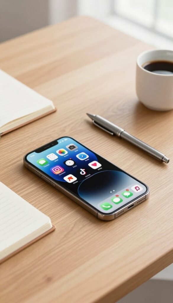 Smartphone with social media apps on a desk with notebook and coffee