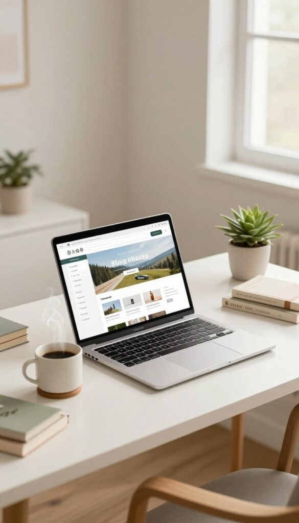 Cozy home office desk with laptop, coffee, plant, and eco-friendly products for affiliate marketing
