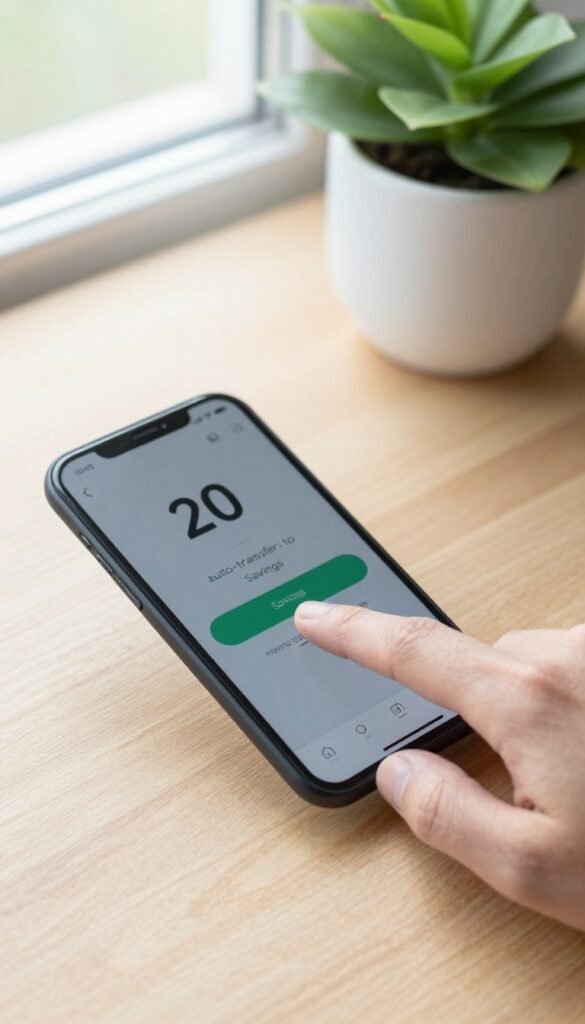 Hand using banking app to automate savings transfer