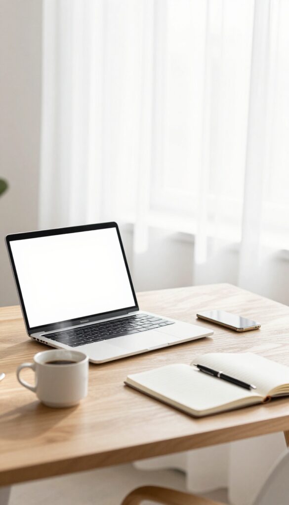 A laptop on a desk with a coffee mug and notebook in bright natural light