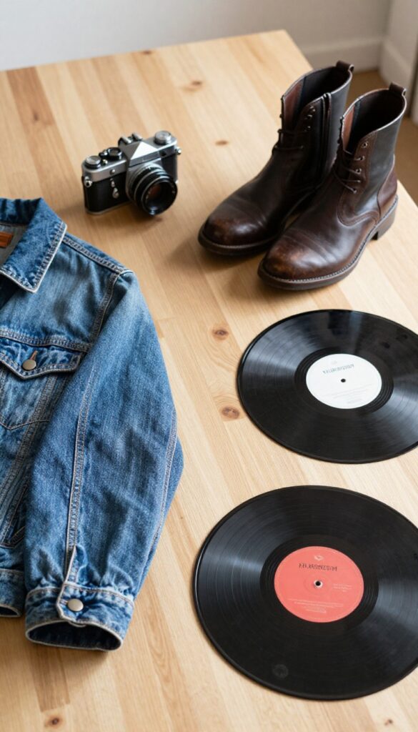 Flat lay of thrifted vintage items including denim jacket, camera, boots, and vinyl records on a wooden table