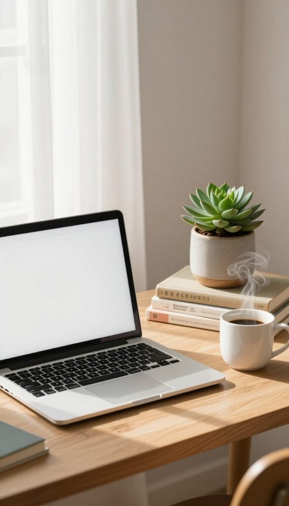 Cozy home office setup with laptop, coffee, books, and plant for freelance writing
