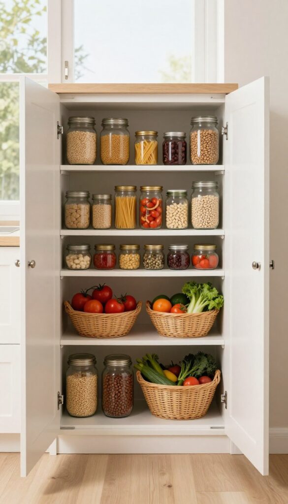 Organized pantry shelves with glass jars and canned goods in bright natural light