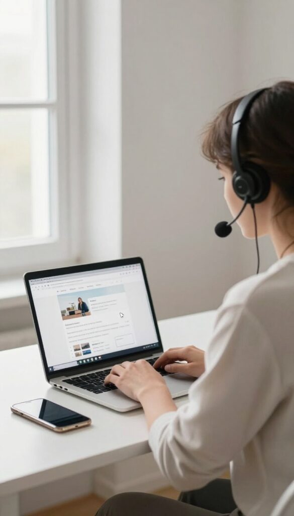Person testing a website on a laptop with a microphone headset at a home desk