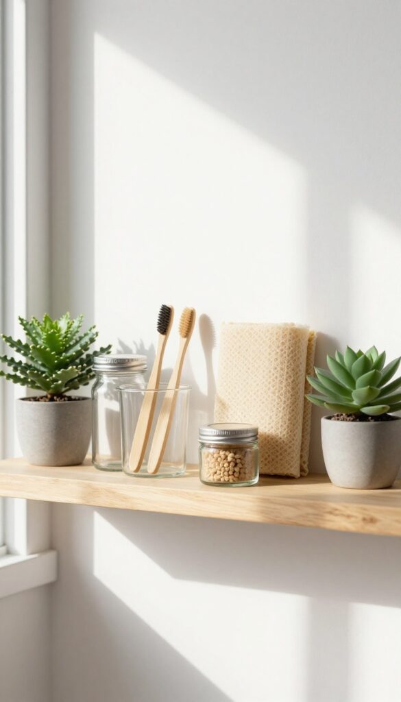 A niche ecommerce store display featuring eco-friendly home goods on a wooden shelf in bright natural light