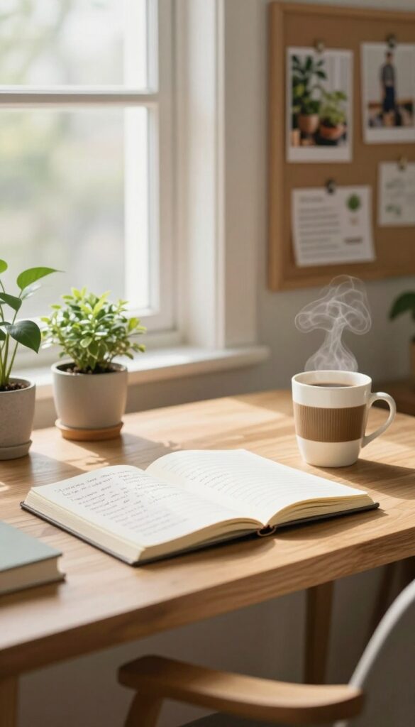 Cozy home office with notebook and coffee, representing blogging niche planning