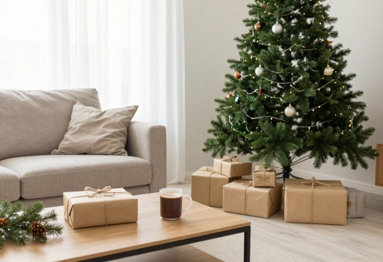 Cozy holiday living room with frugal decorations and brown paper wrapped gifts
