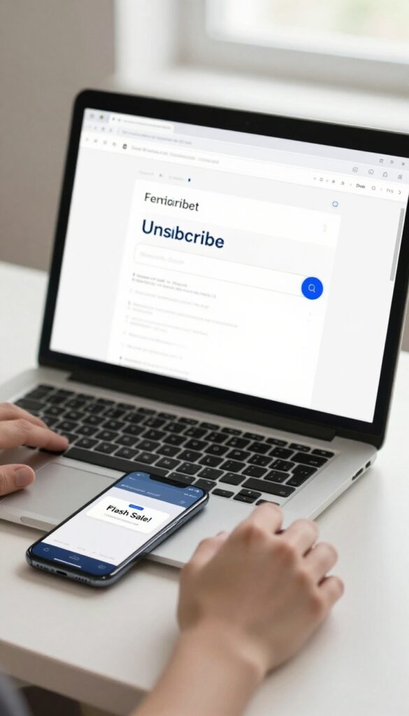 Person unsubscribing from retail emails on laptop with smartphone showing a sale notification