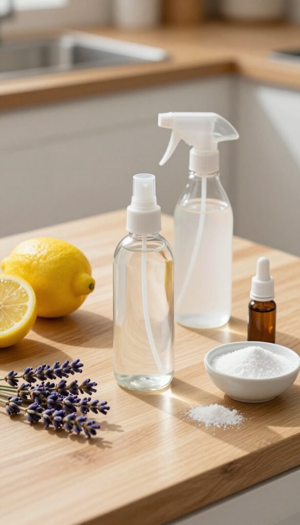 DIY cleaning products on a kitchen counter with vinegar, baking soda, and essential oils