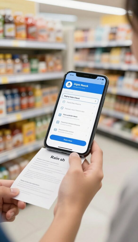 Person using smartphone to show a price match policy at a grocery store customer service counter, employee handing a rain check