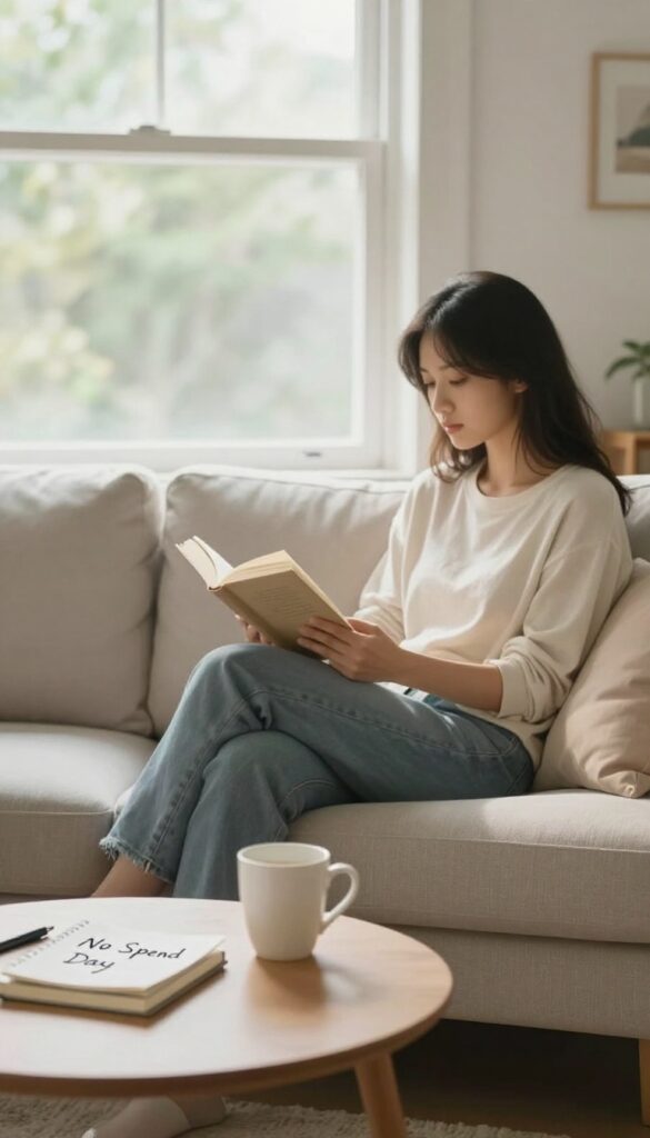 A person reading a book in a bright, cozy living room on a no-spend day, with no purchases or distractions.