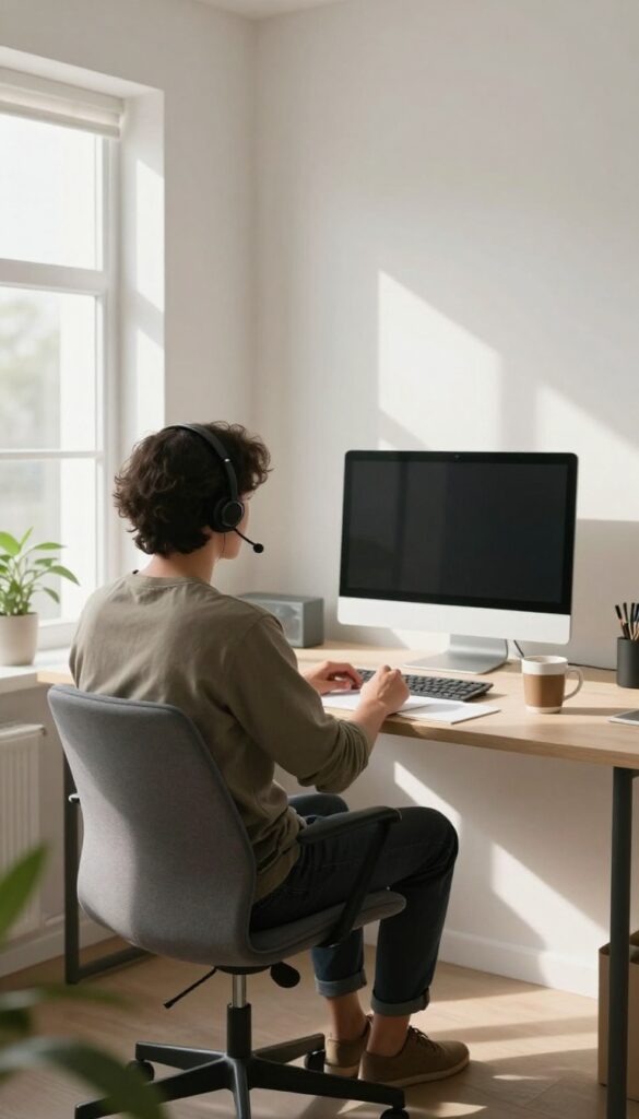 Home office setup with a person working as a customer service representative, wearing a headset, in a bright, clean room with natural light.