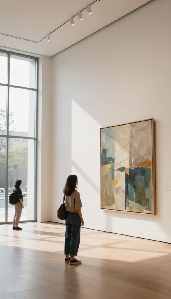 A visitor viewing an abstract painting in a bright, airy museum gallery with natural light.