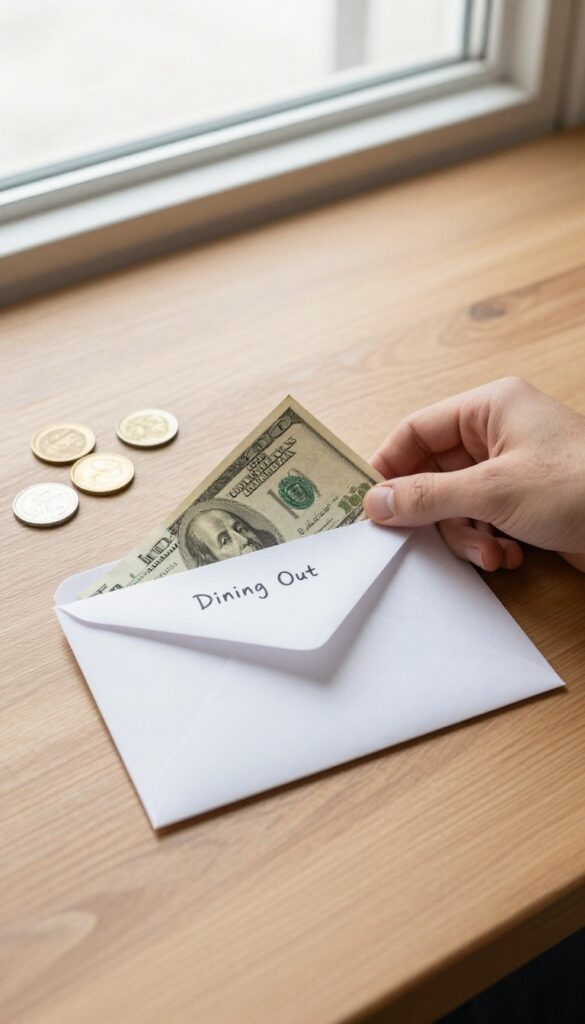 Hand placing cash into an envelope labeled Dining Out, with coins and a receipt nearby on a wooden table.