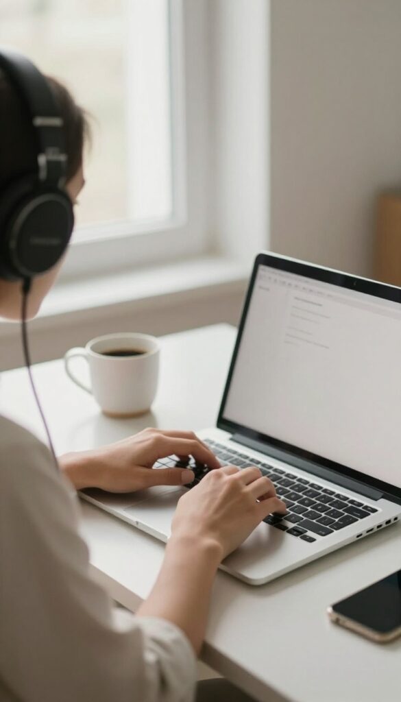 Person typing on laptop with headphones in a bright home office