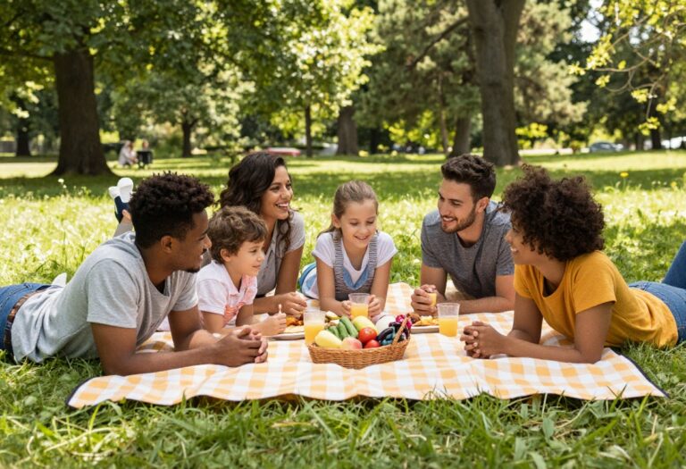 Friends enjoying a potluck picnic in a park on a sunny day