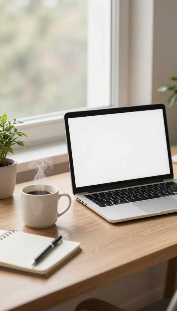 Cozy home office desk with laptop, coffee, and notebook for freelance writing