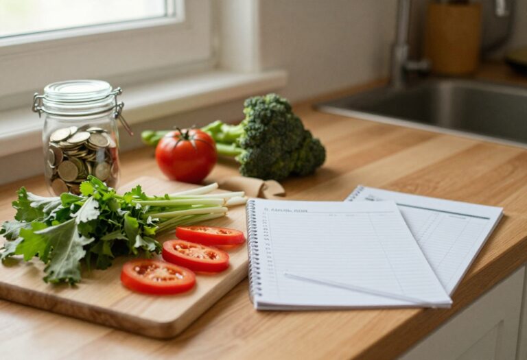 A cozy kitchen table with fresh vegetables, a jar of coins, and a budget planner, representing frugal living.