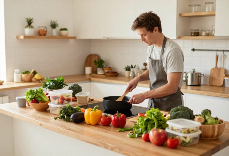 Person cooking a large batch of food in a cozy kitchen with fresh vegetables and reusable containers.