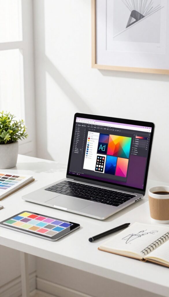 Home office desk with laptop displaying graphic design software, tablet, stylus, and design tools in natural light