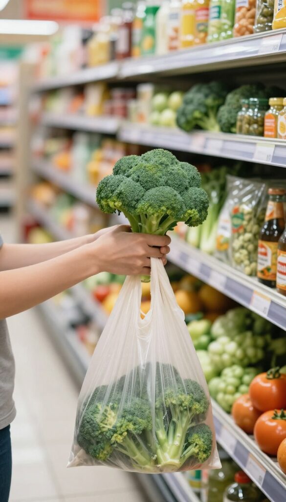 Person reaching for fresh broccoli in a grocery store aisle, holding a reusable bag, bright natural light, clean composition.
