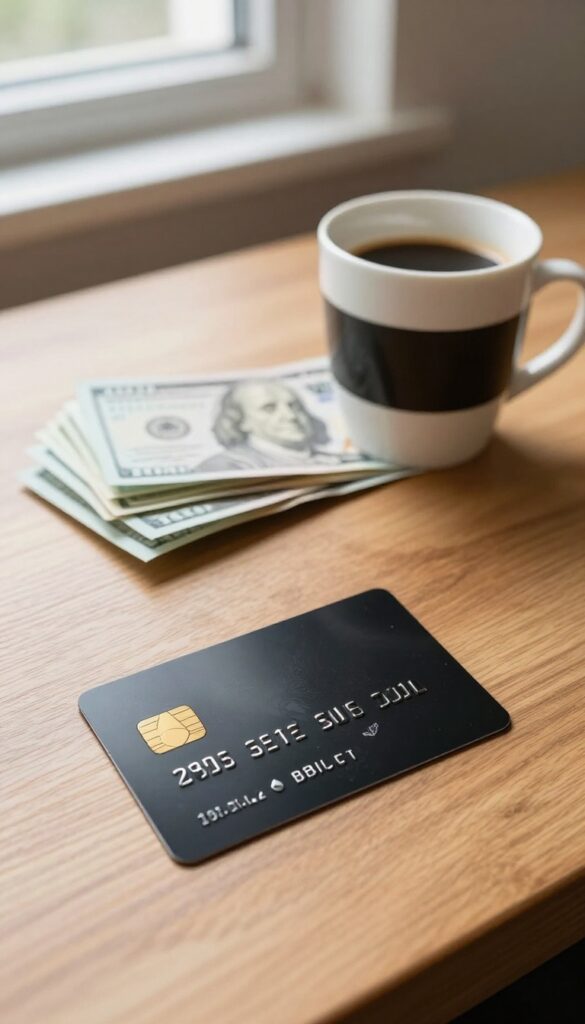 A rewards credit card on a wooden table with cash and coffee, representing wise credit card use for frugal living.