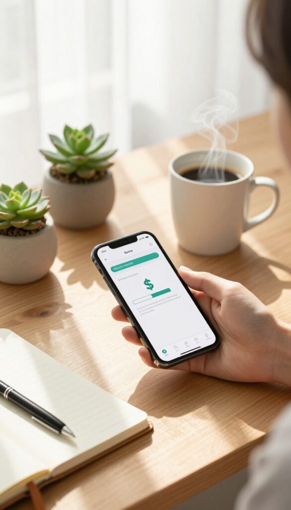 Person holding smartphone with survey app in bright home office