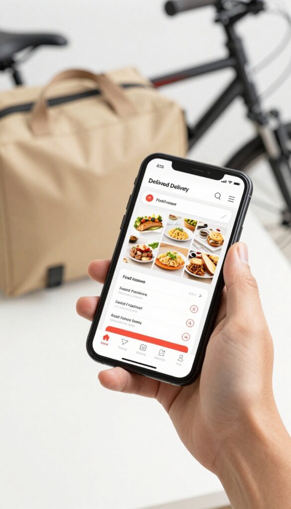 A person holding a smartphone with a food delivery app, a hot bag and car keys nearby, representing a flexible side hustle.