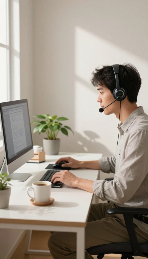 Person working as a remote customer service representative in a quiet home office