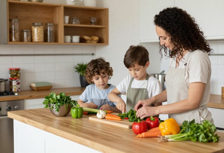 Family cooking together in a cozy kitchen with fresh ingredients
