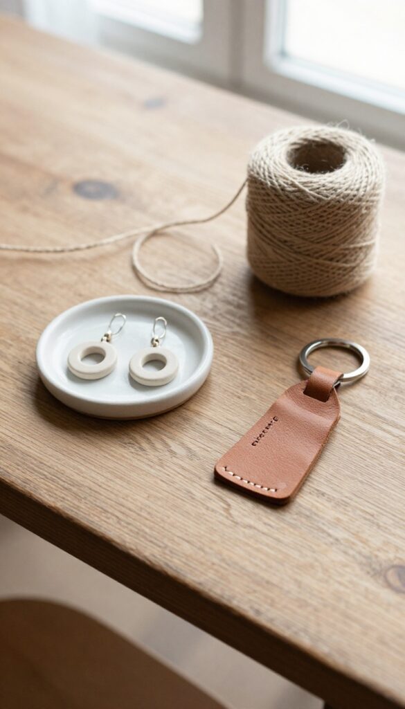 Flat lay of handmade crafts including minimalist earrings, personalized keychain, and jute twine on rustic wooden table in natural light