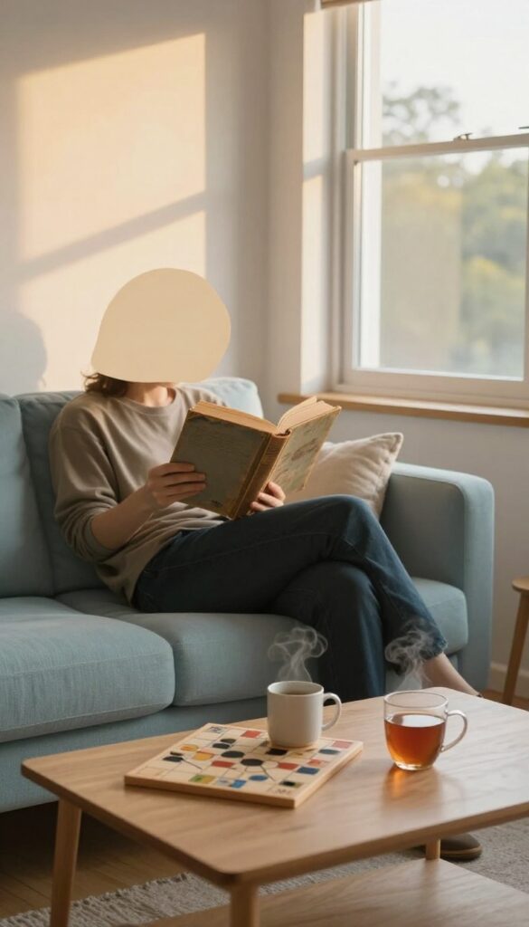 A person enjoying a quiet weekend at home reading a book with board games and tea, no spending.