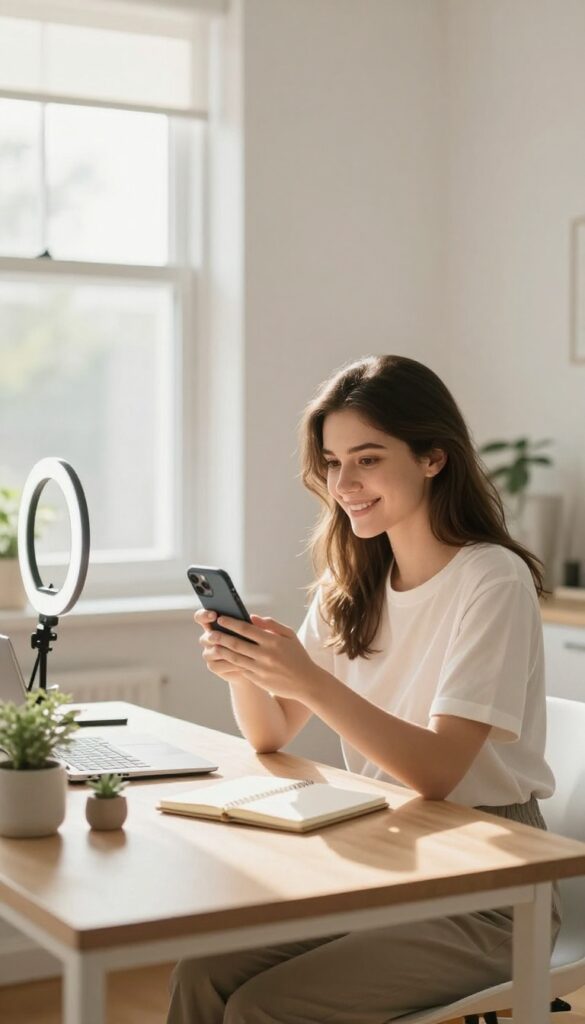Micro-influencer creating content in a bright home office with smartphone and ring light
